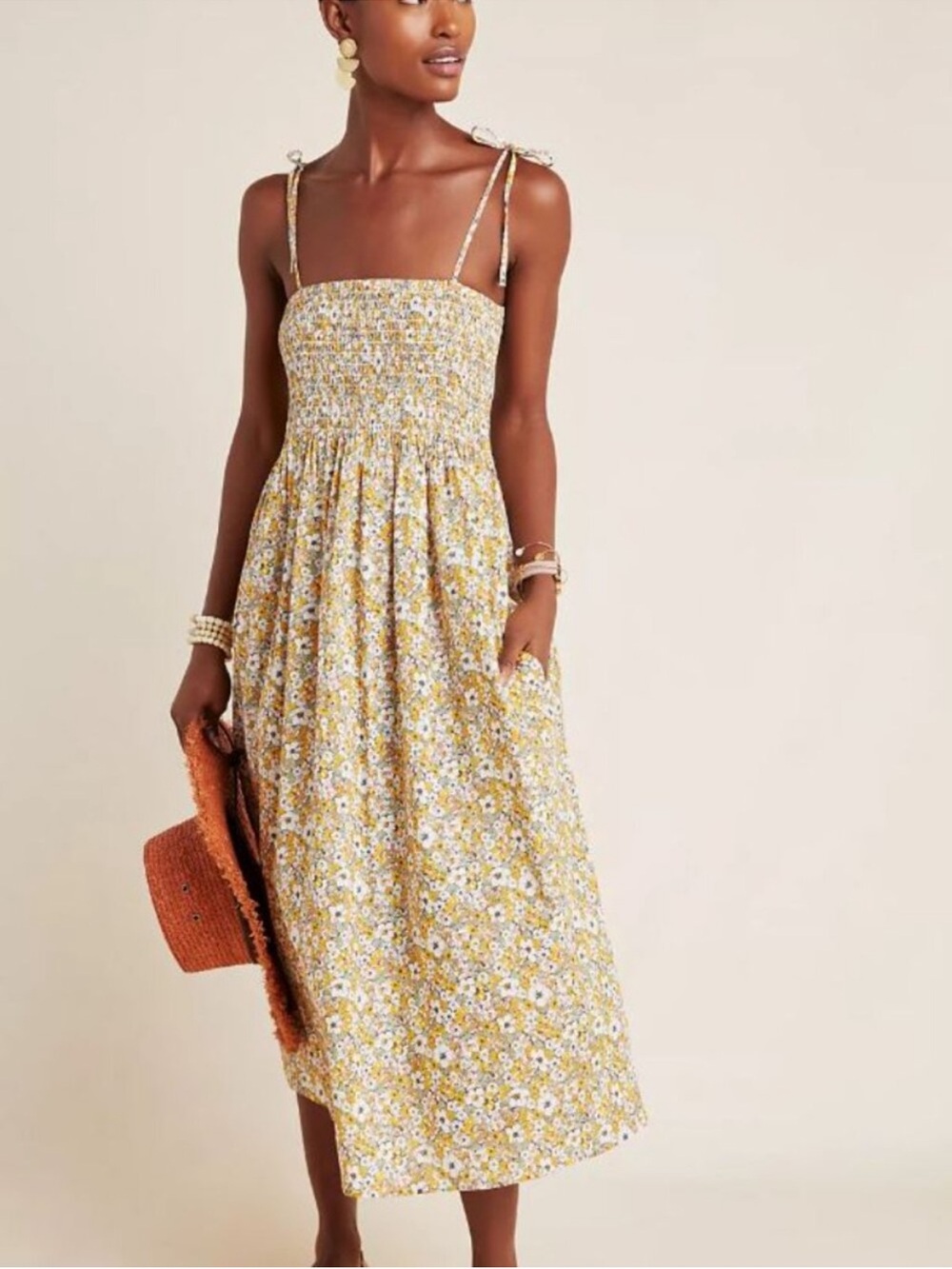 Frye x Anthro Alice Yellow Floral Maxi Dress Smocked Bodice Medium Cottagecore